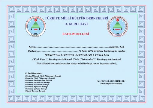  T.C.Milli Kültür Dernekleri 3.Kurultayı'na Katılım Belgesi 